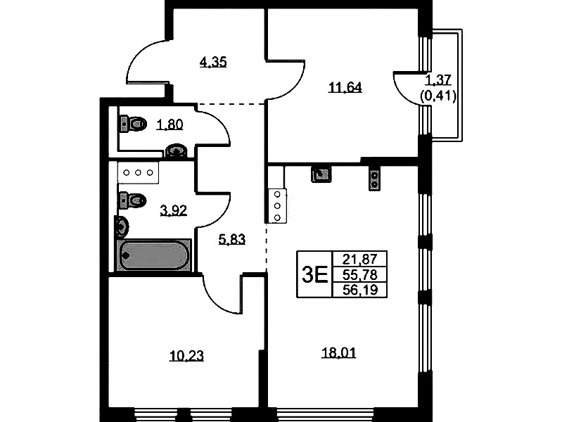 2-комнатная квартира 56.19 м², 9/11 эт., ЖК «Новое Колпино»
